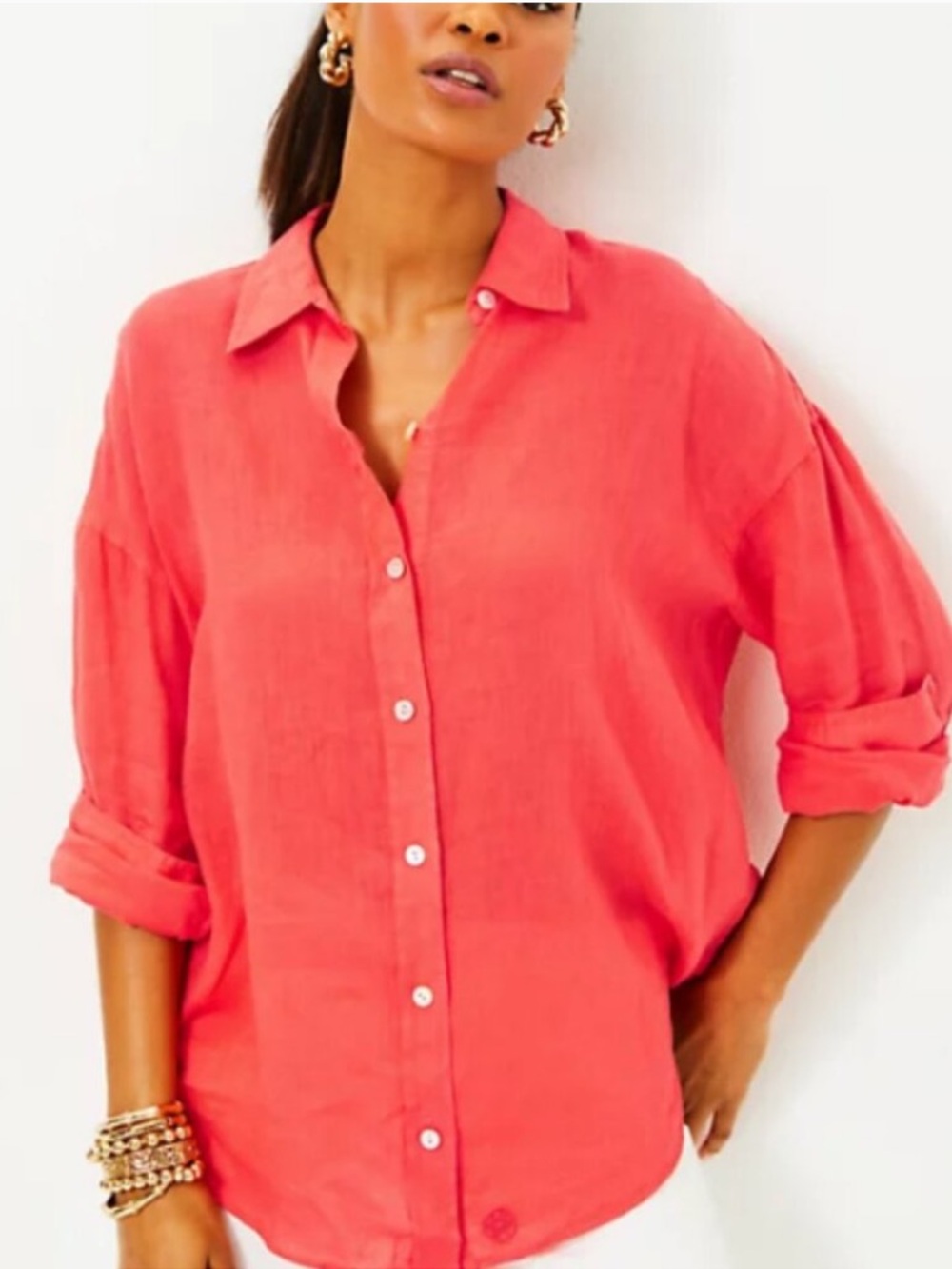LILLY PULITZER STEVEY RELAXED BUTTON DOWN LINEN SHIRT MIZNER RED